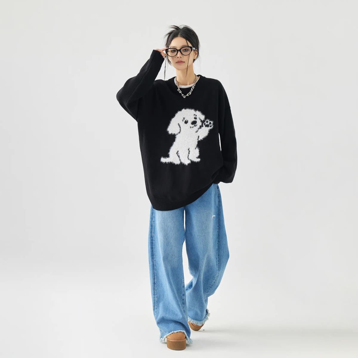 GOLFCROSS Faux Mink Dog Jacquard Knit Sweater Unisex 7