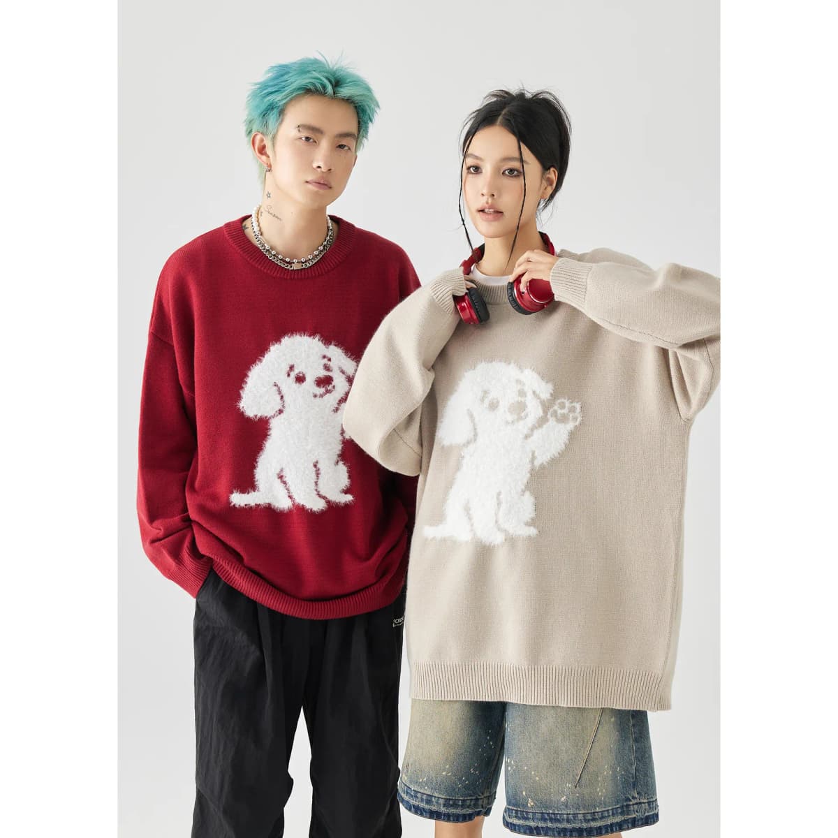 GOLFCROSS Faux Mink Dog Jacquard Knit Sweater Unisex 11