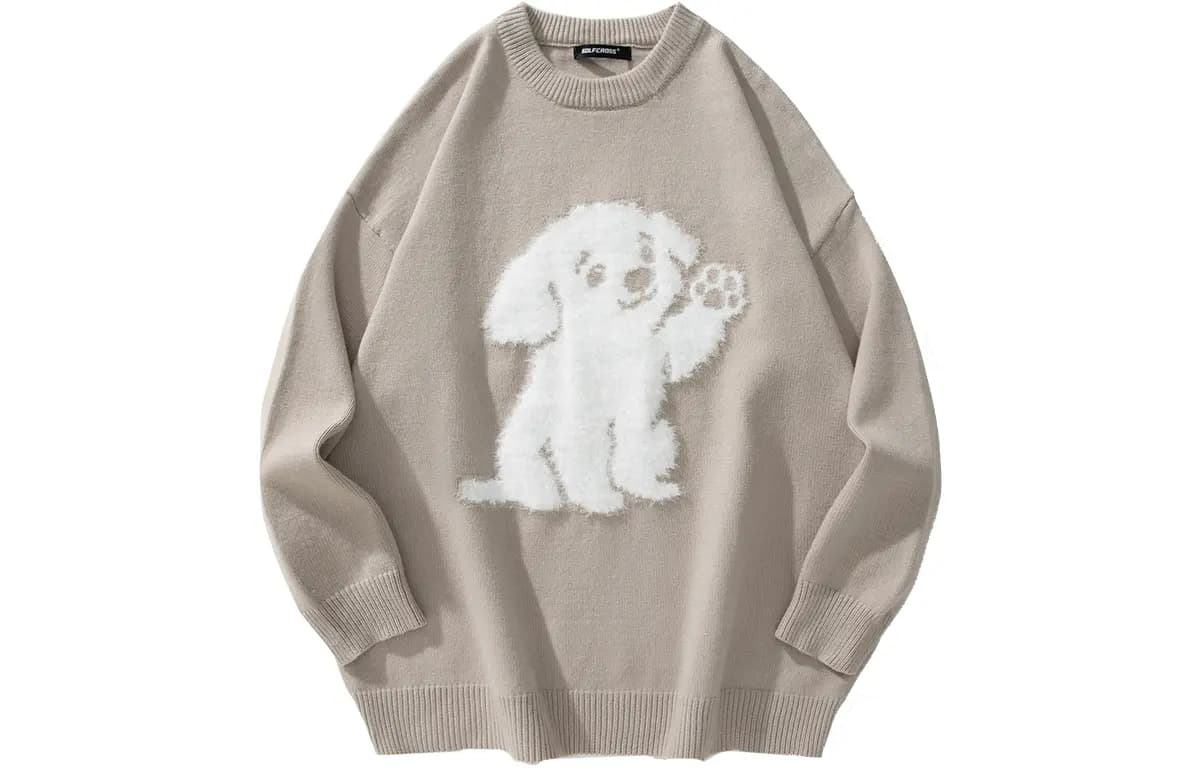 GOLFCROSS Faux Mink Dog Jacquard Knit Sweater Unisex 17