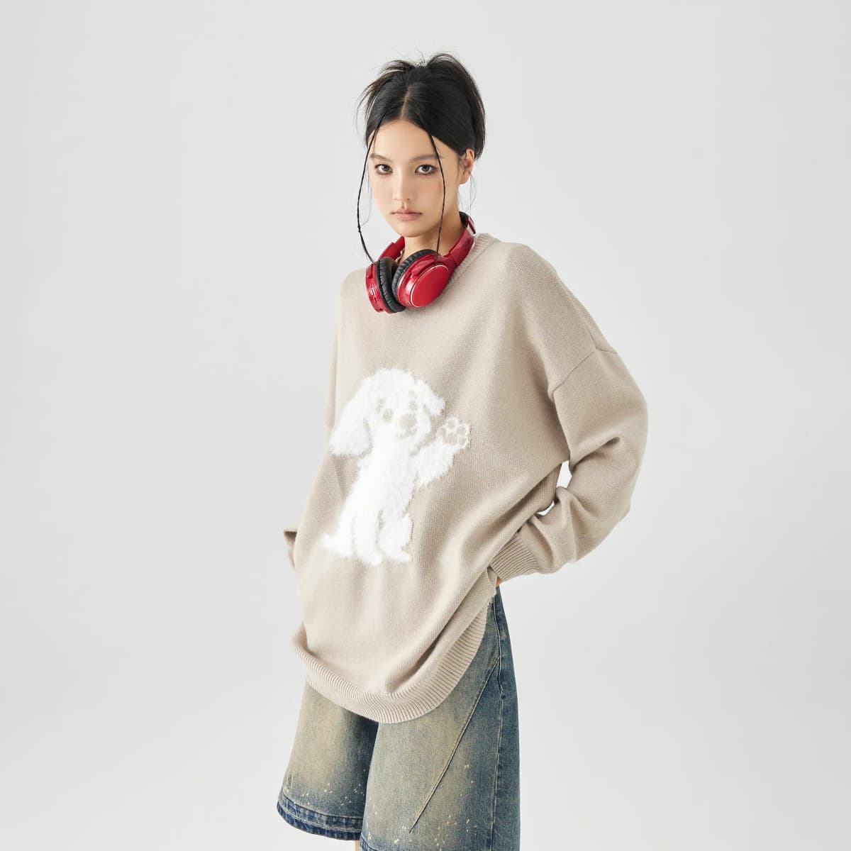 GOLFCROSS Faux Mink Dog Jacquard Knit Sweater Unisex 21