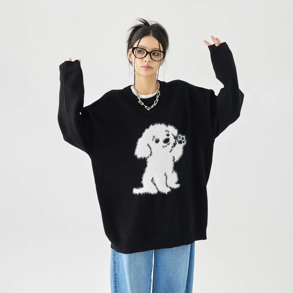 GOLFCROSS Faux Mink Dog Jacquard Knit Sweater Unisex 5