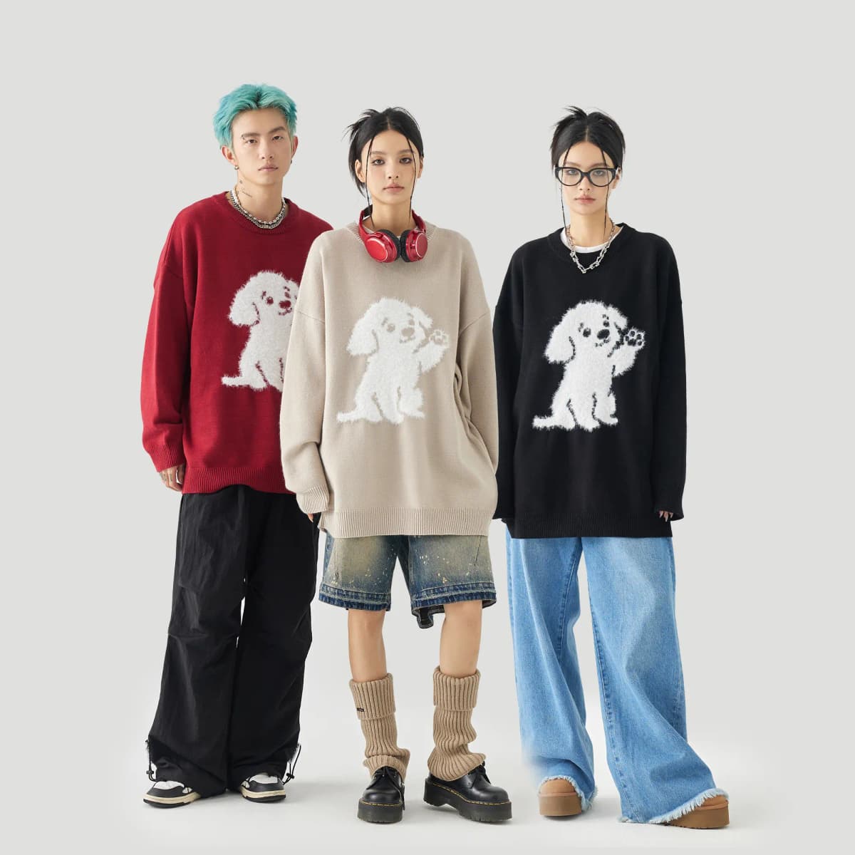 GOLFCROSS Faux Mink Dog Jacquard Knit Sweater Unisex 16