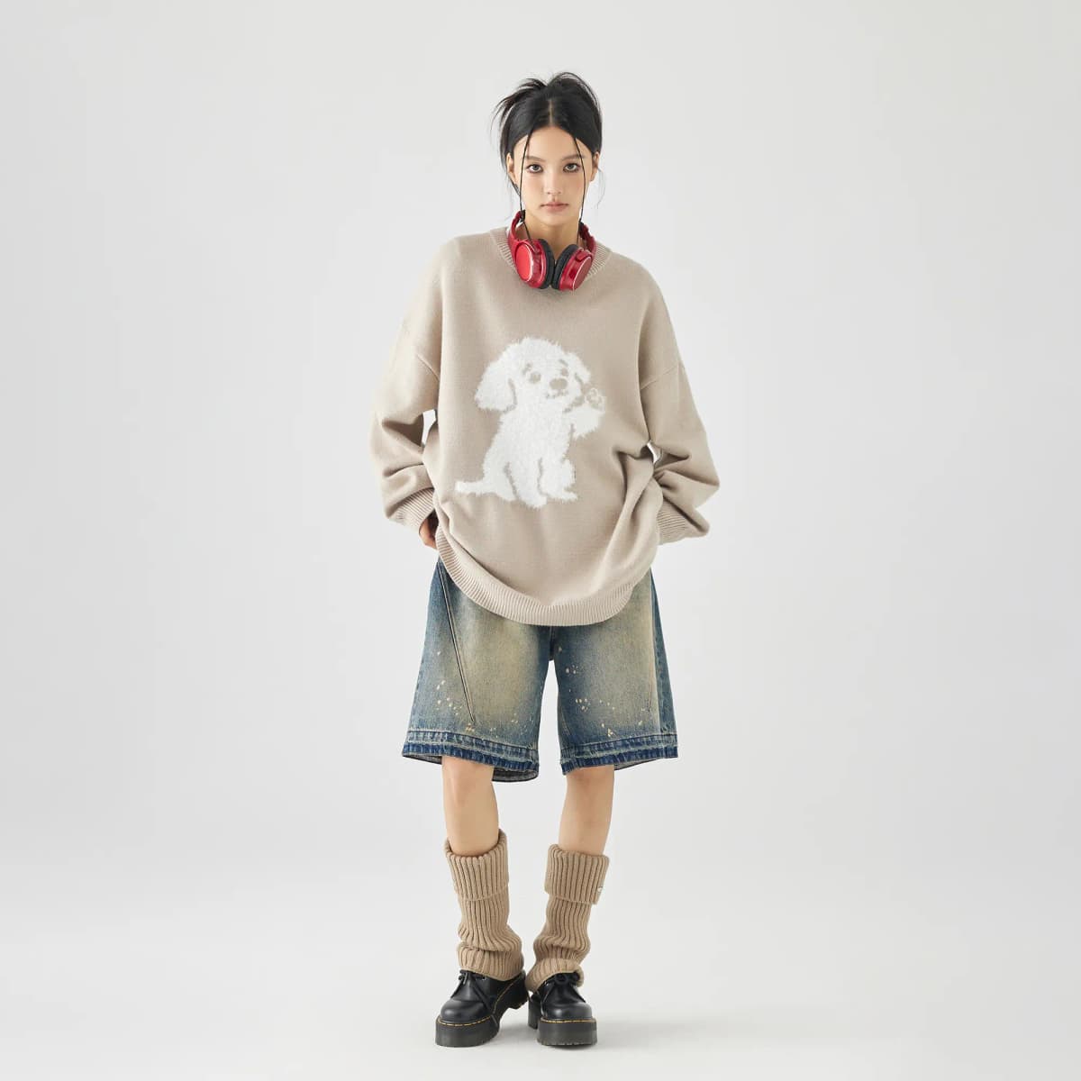 GOLFCROSS Faux Mink Dog Jacquard Knit Sweater Unisex 22