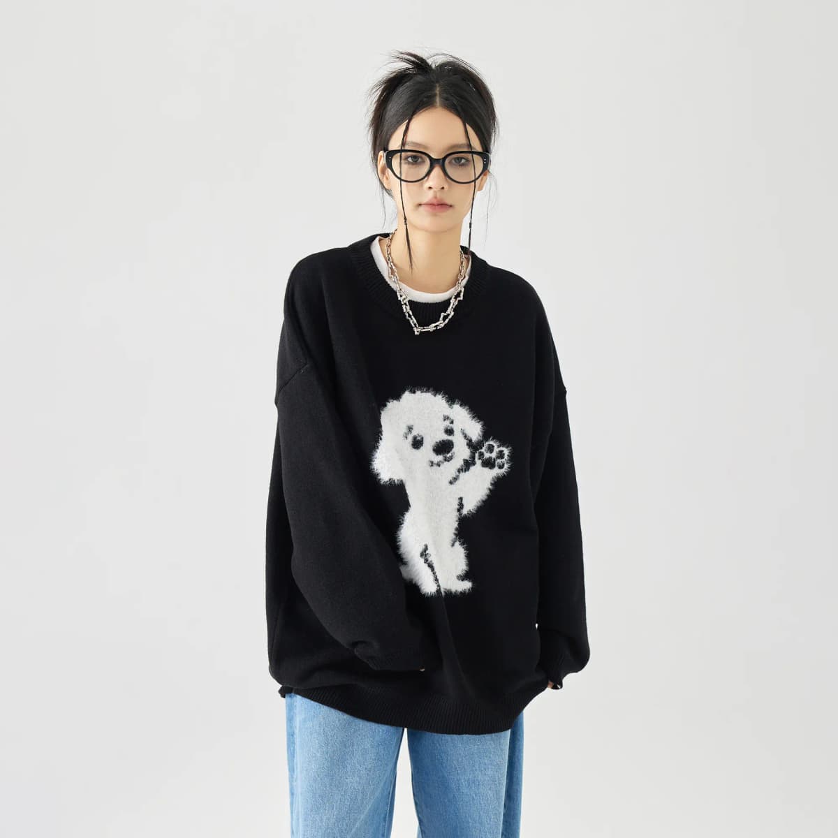 GOLFCROSS Faux Mink Dog Jacquard Knit Sweater Unisex 3