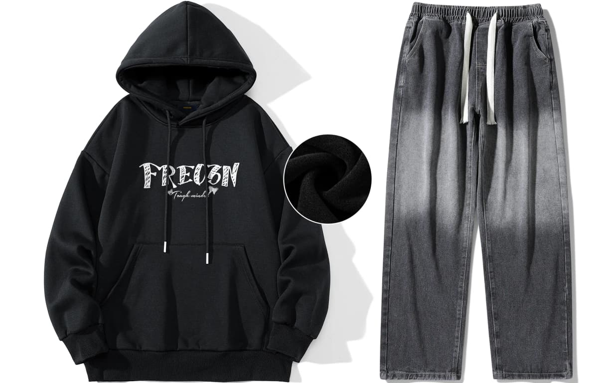 FREO3N Kapüşonlu Sweatshirt və Cins Şalvar Dəsti 7
