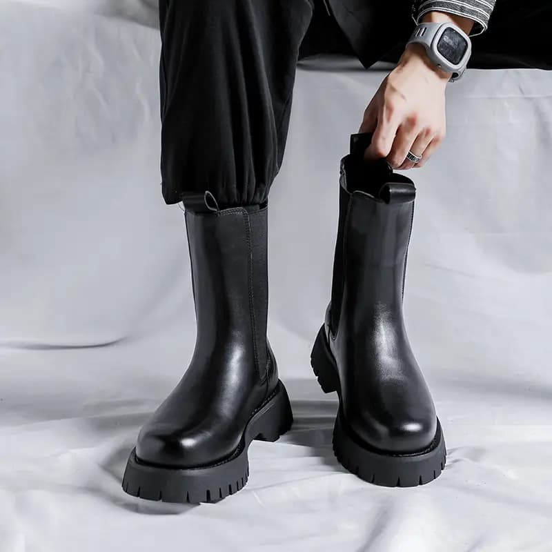 KAQIADI Super Fiber Leather British Retro Comfortable Warm Lined Thick Sole Heightening High Top Chelsea Boots Men's 8