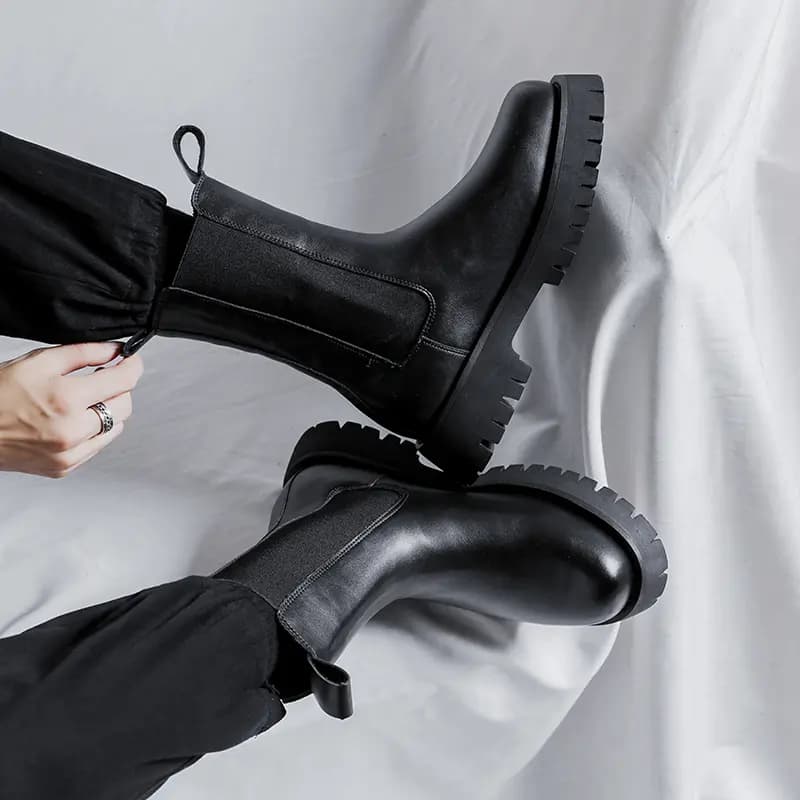 KAQIADI Super Fiber Leather British Retro Comfortable Warm Lined Thick Sole Heightening High Top Chelsea Boots Men's 6