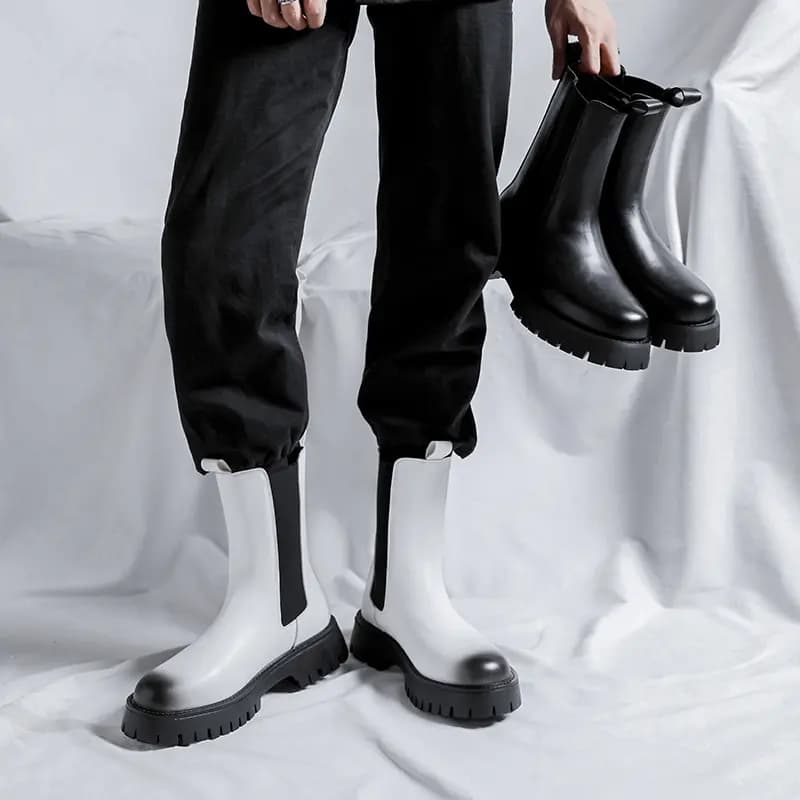 KAQIADI Super Fiber Leather British Retro Comfortable Warm Lined Thick Sole Heightening High Top Chelsea Boots Men's 19