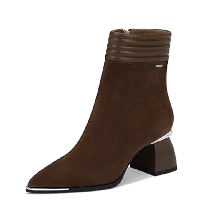 JESSICA SOPHIA Sheepskin Korean Style Pointed Toe Fleece-Lined Mid Chunky Heel Short Boots Women's 3