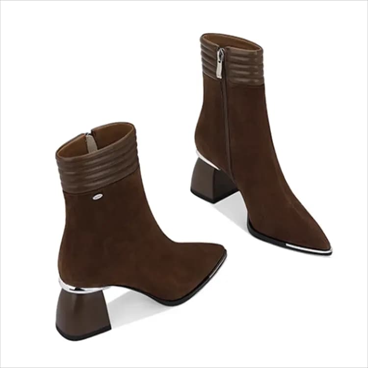 JESSICA SOPHIA Sheepskin Korean Style Pointed Toe Fleece-Lined Mid Chunky Heel Short Boots Women's 5