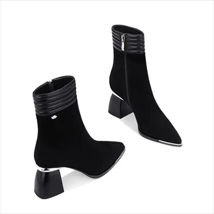 JESSICA SOPHIA Sheepskin Korean Style Pointed Toe Fleece-Lined Mid Chunky Heel Short Boots Women's 2