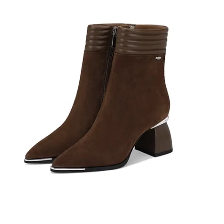 JESSICA SOPHIA Sheepskin Korean Style Pointed Toe Fleece-Lined Mid Chunky Heel Short Boots Women's 4