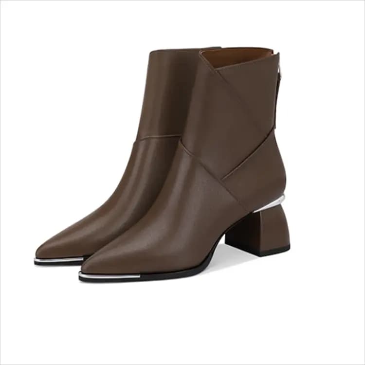 JESSICA SOPHIA Cowhide Leather Fashion Versatile Chunky Heel Thick Sole Short Boots 5.5cm Women's 5