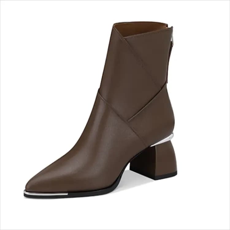 JESSICA SOPHIA Cowhide Leather Fashion Versatile Chunky Heel Thick Sole Short Boots 5.5cm Women's 3