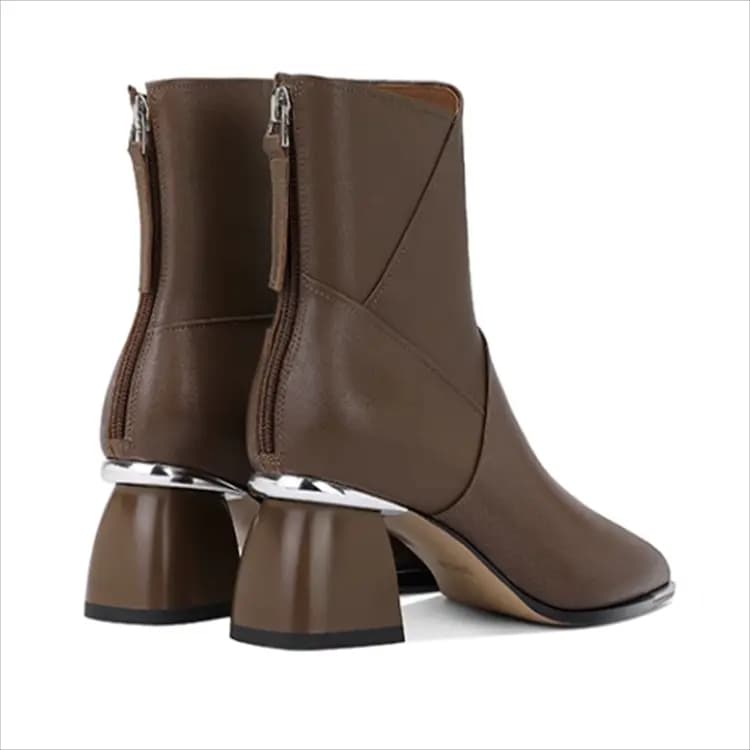 JESSICA SOPHIA Cowhide Leather Fashion Versatile Chunky Heel Thick Sole Short Boots 5.5cm Women's 6