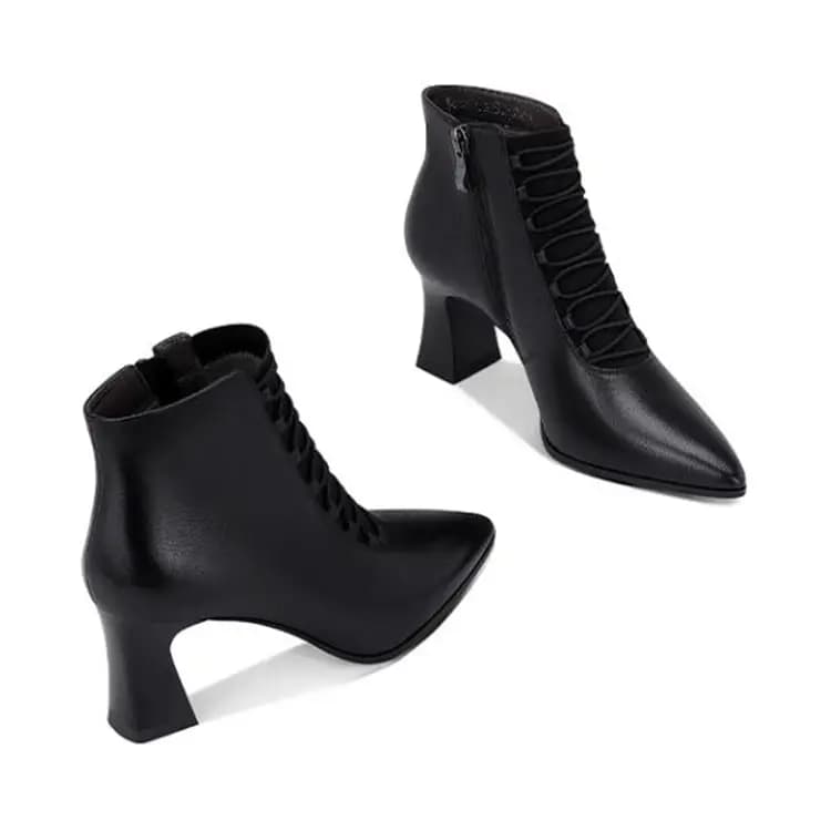 JESSICA SOPHIA Sheepskin Pointed Toe Chunky Heel French Elegant Short Boots 6cm Women's 3
