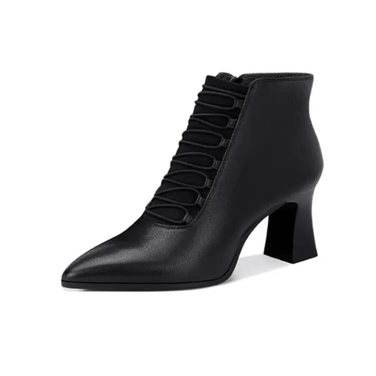 JESSICA SOPHIA Sheepskin Pointed Toe Chunky Heel French Elegant Short Boots 6cm Women's