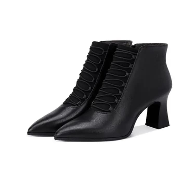 JESSICA SOPHIA Sheepskin Pointed Toe Chunky Heel French Elegant Short Boots 6cm Women's 2