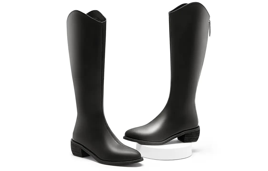 C°BANNER PU Chunky Heel Comfortable Warm Lined High-Top Boots Women's Black 4