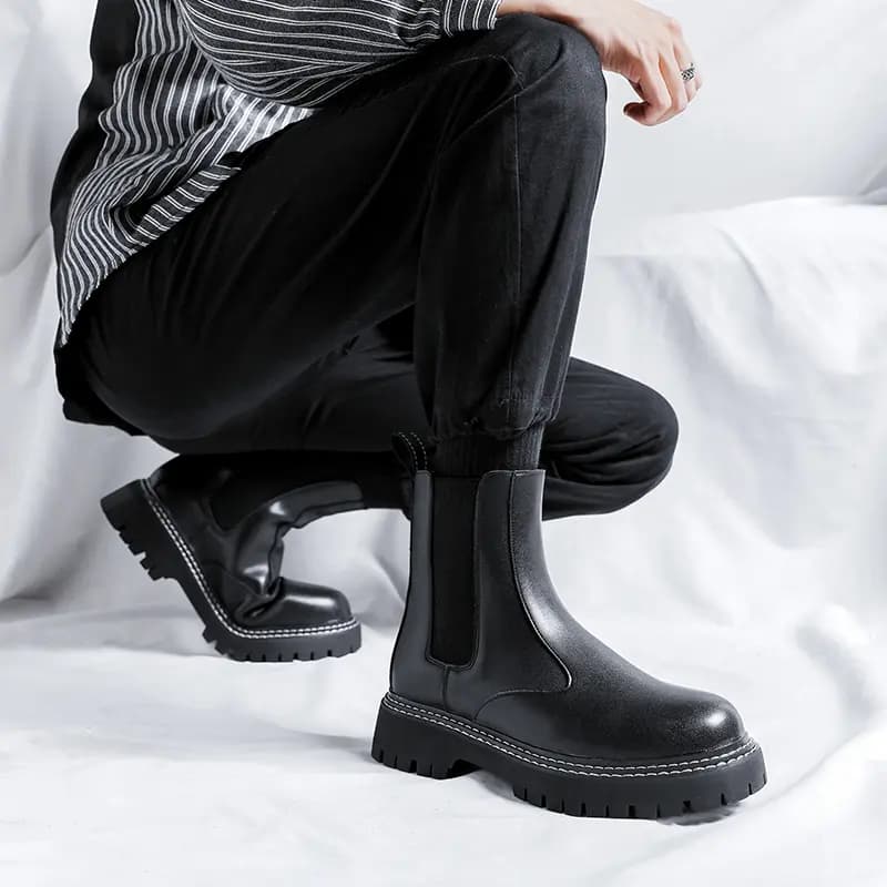 KAQIAODI Microfiber Leather British Style Fashion Slip-Resistant High-Top Chelsea Boots Men's Black 8