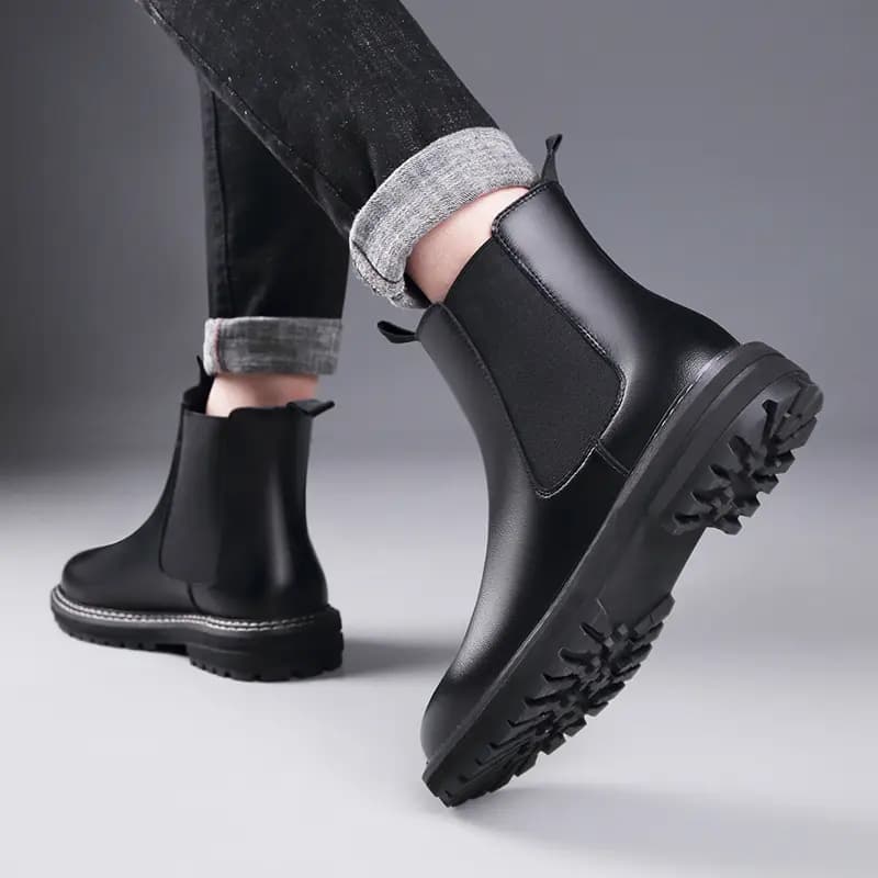 KAQIAODI Split Cowhide Leather Cotton-Lined Warm British Fashion Versatile High-Top Chelsea Boots Men's Black 9