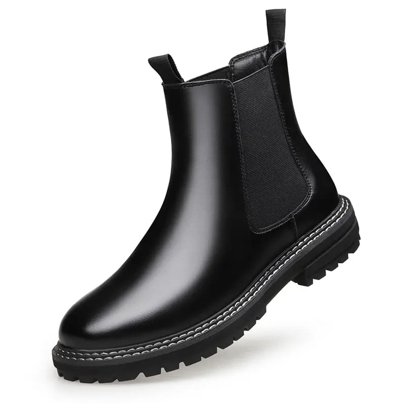 KAQIAODI Split Cowhide Leather Cotton-Lined Warm British Fashion Versatile High-Top Chelsea Boots Men's Black 2