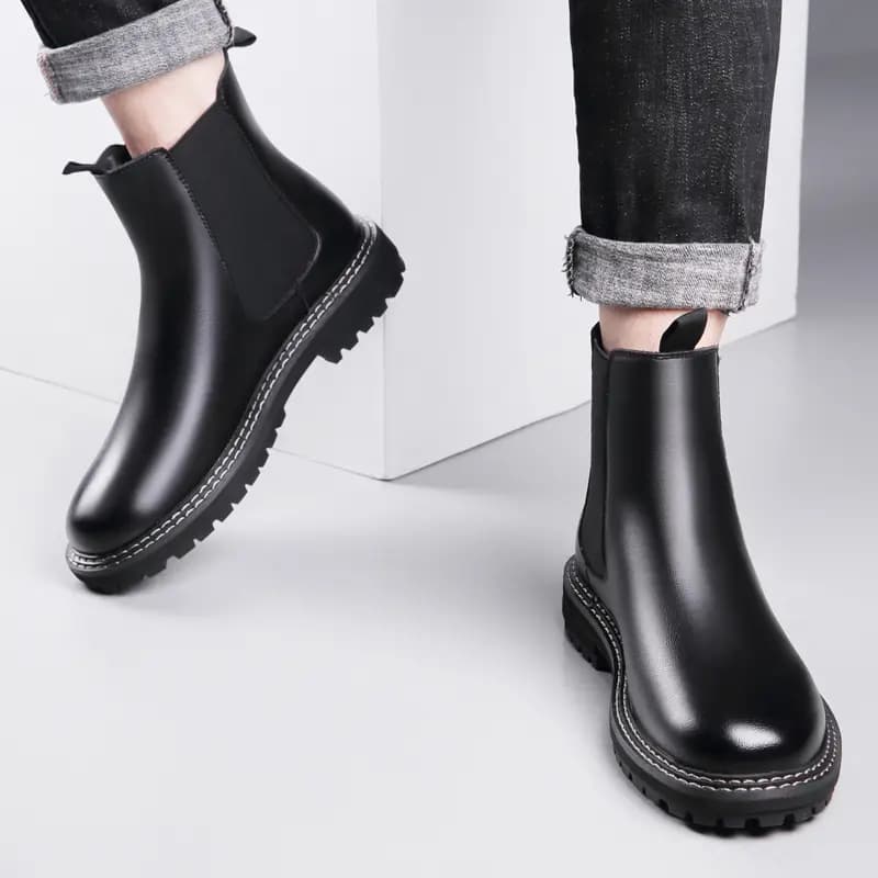 KAQIAODI Split Cowhide Leather Cotton-Lined Warm British Fashion Versatile High-Top Chelsea Boots Men's Black 10