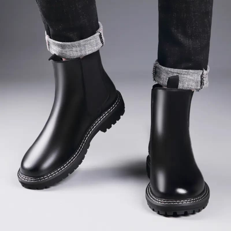 KAQIAODI Split Cowhide Leather Cotton-Lined Warm British Fashion Versatile High-Top Chelsea Boots Men's Black 7