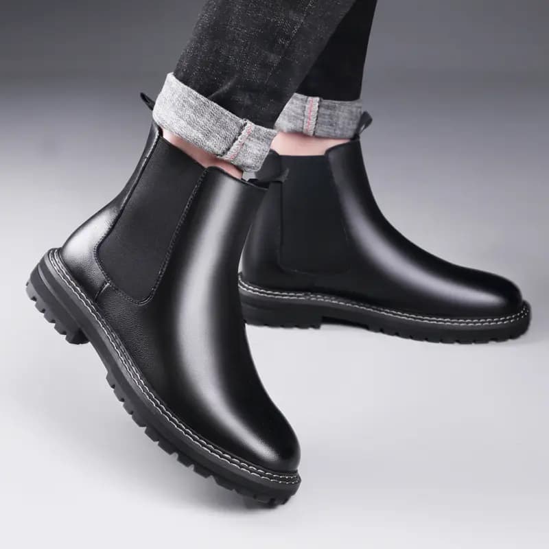 KAQIAODI Split Cowhide Leather Cotton-Lined Warm British Fashion Versatile High-Top Chelsea Boots Men's Black 8
