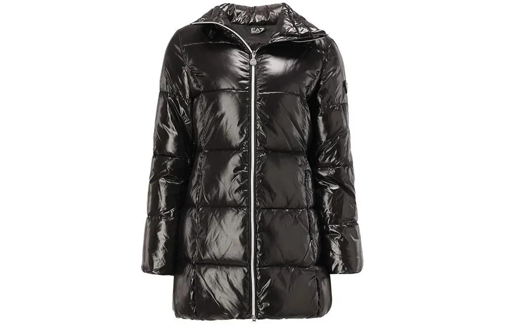 EMPORIO ARMANI EA7 Solid Shiny Casual Hooded Puffer Jacket Women's Black