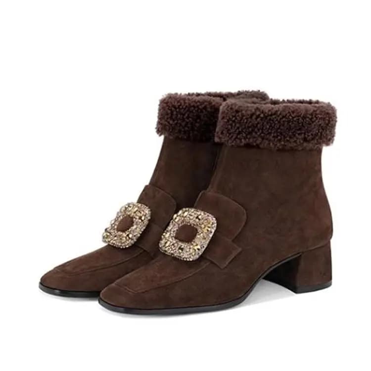 JESSICA SOPHIA Rhinestone Buckle Square Toe Chunky Heel Fashion Short Boots 4.5cm Women's 5