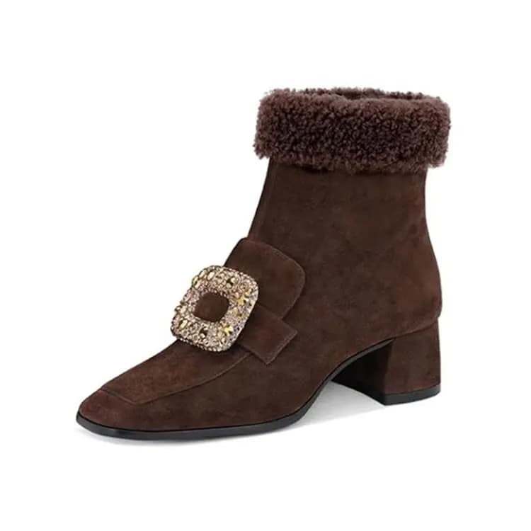 JESSICA SOPHIA Rhinestone Buckle Square Toe Chunky Heel Fashion Short Boots 4.5cm Women's 3