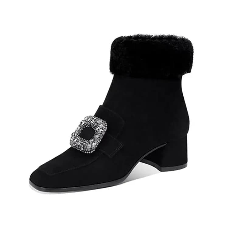 JESSICA SOPHIA Rhinestone Buckle Square Toe Chunky Heel Fashion Short Boots 4.5cm Women's
