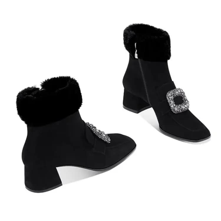 JESSICA SOPHIA Rhinestone Buckle Square Toe Chunky Heel Fashion Short Boots 4.5cm Women's 2