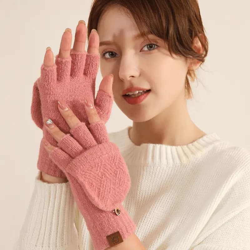 AAJF Half Finger Warm Flip Cover Diamond Pattern Dual Use Coldproof Thick Knit Gloves Women's 6