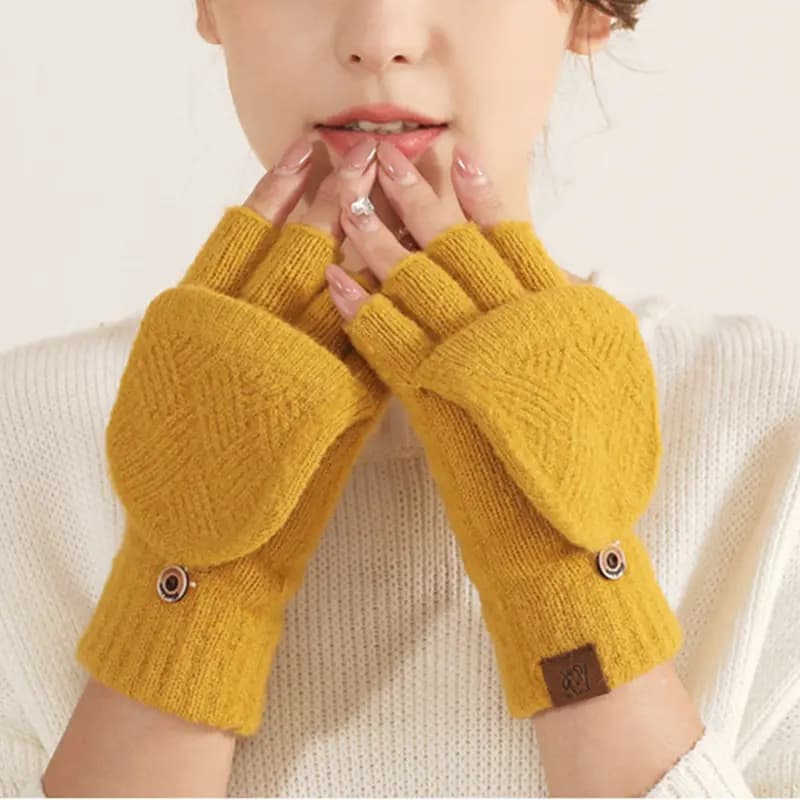 AAJF Half Finger Warm Flip Cover Diamond Pattern Dual Use Coldproof Thick Knit Gloves Women's 2