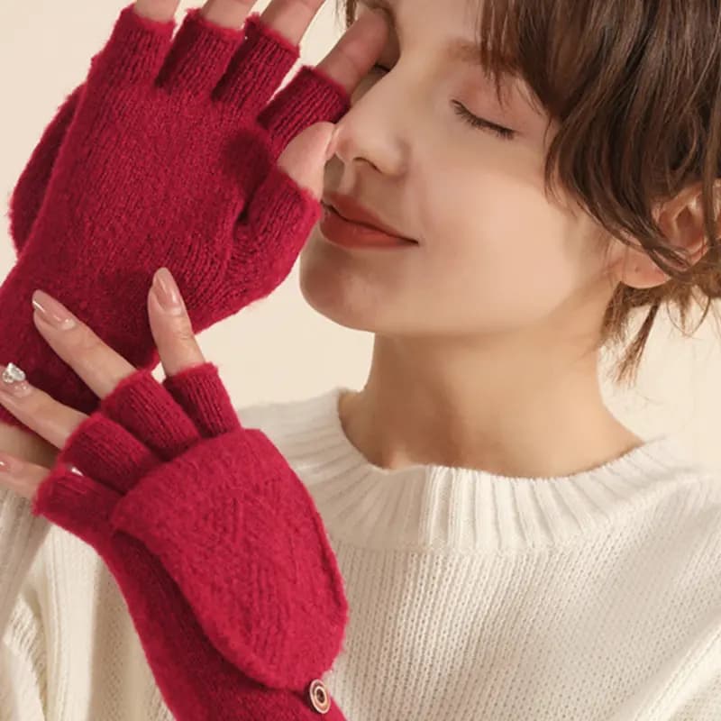 AAJF Half Finger Warm Flip Cover Diamond Pattern Dual Use Coldproof Thick Knit Gloves Women's 8