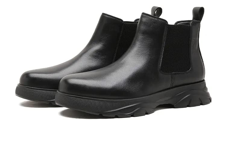 S.T.DUPONT Men's Calfskin Thick Sole Comfortable Classic Trendy Mid-Cut Chelsea Boots 4cm in Black 2