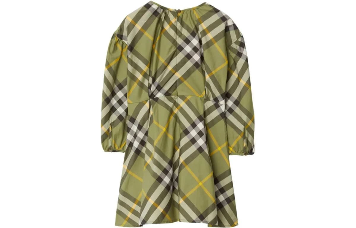Burberry FW23 Contrast Check A-Line Long Sleeve Dress Kids' Moss Green 2