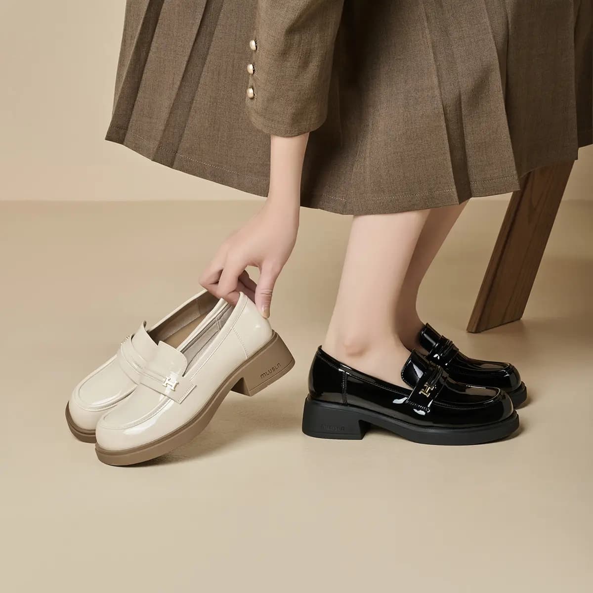 GEMEIQ Round Toe Shallow Mouth Comfortable Versatile Chunky Heel Wear-Resistant Loafers 4.2cm Women's 8