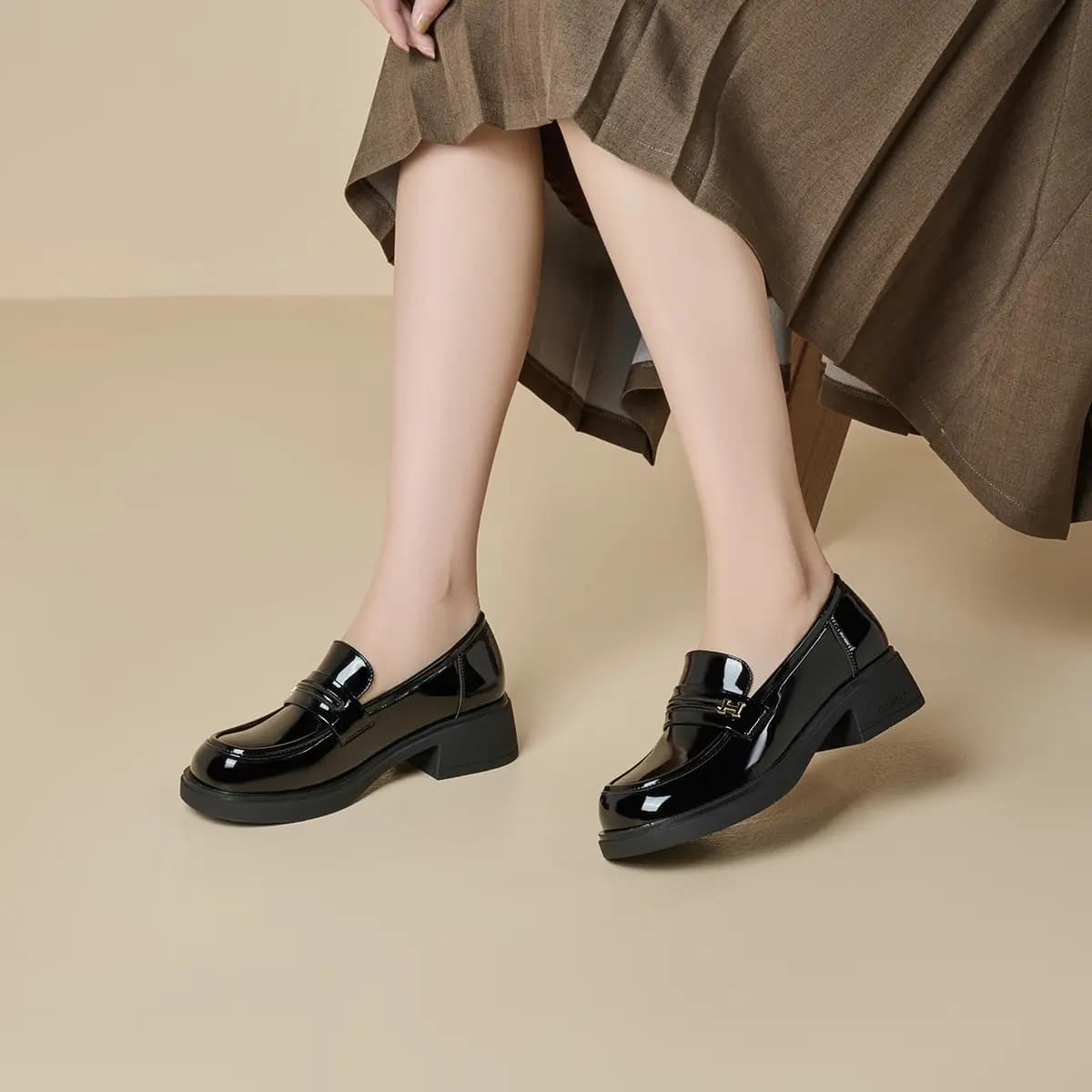 GEMEIQ Round Toe Shallow Mouth Comfortable Versatile Chunky Heel Wear-Resistant Loafers 4.2cm Women's 6