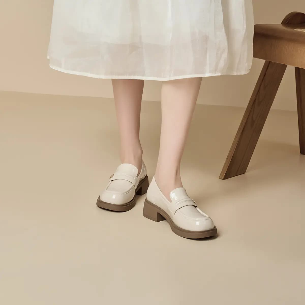 GEMEIQ Round Toe Shallow Mouth Comfortable Versatile Chunky Heel Wear-Resistant Loafers 4.2cm Women's 16