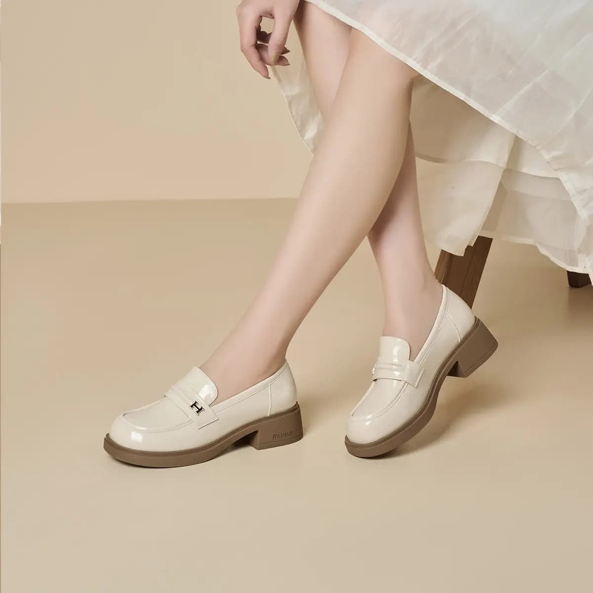 GEMEIQ Round Toe Shallow Mouth Comfortable Versatile Chunky Heel Wear-Resistant Loafers 4.2cm Women's 14
