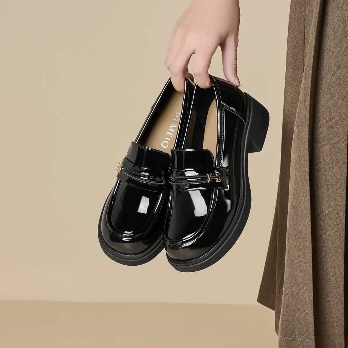 GEMEIQ Round Toe Shallow Mouth Comfortable Versatile Chunky Heel Wear-Resistant Loafers 4.2cm Women's 5