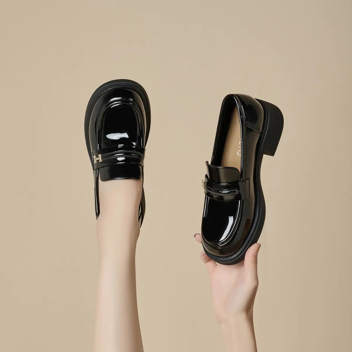GEMEIQ Round Toe Shallow Mouth Comfortable Versatile Chunky Heel Wear-Resistant Loafers 4.2cm Women's 3