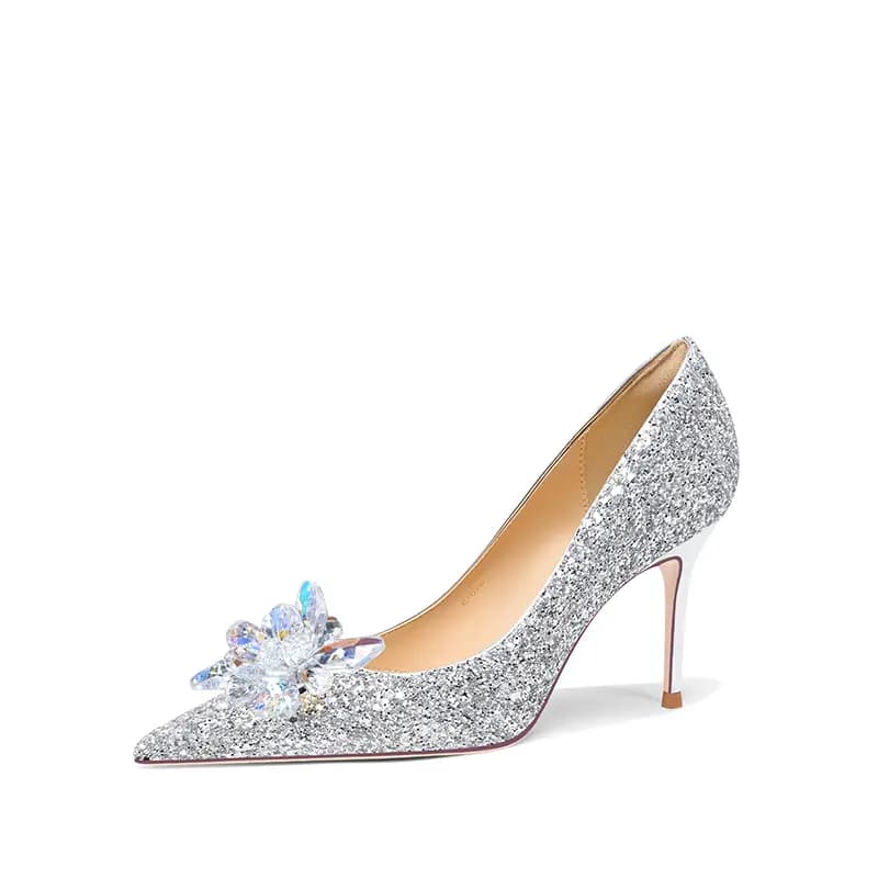 Holy Rose Sequin Fabric French Crystal Stiletto Heels 10cm Women's 5