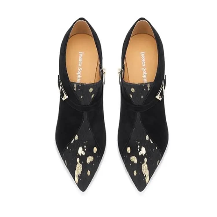 JESSICA SOPHIA French Chic Design Belt Buckle Pointed Toe Short Boots Women's Black 5