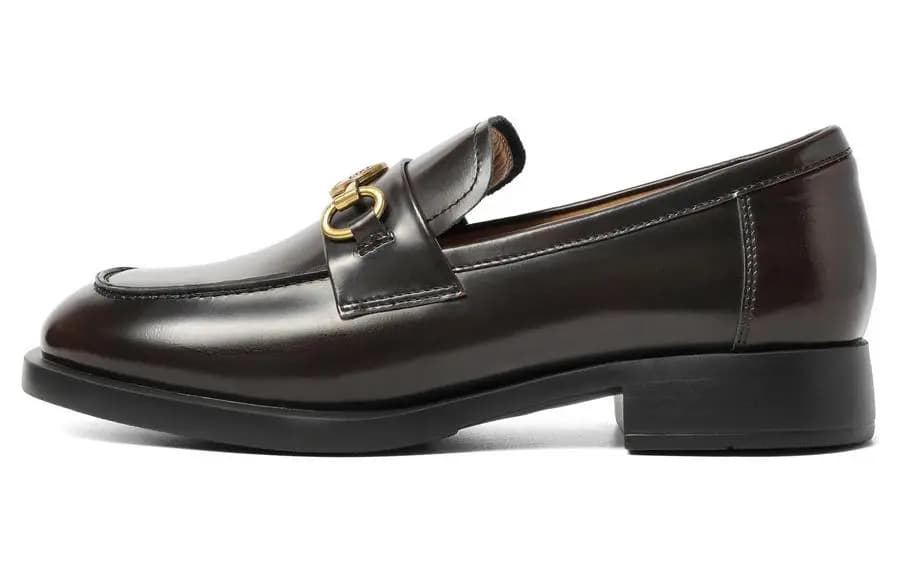 BELLE Cow Leather Mother's Shoes Retro British Style Elegant Commute Metal Buckle Flat Loafers 3cm Women's