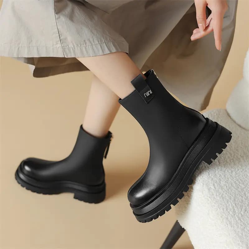 JOSINY Winter Fleece-Lined Warm Retro Round Toe British Style Thick Sole Petite Heightening Short Boots Women's 3