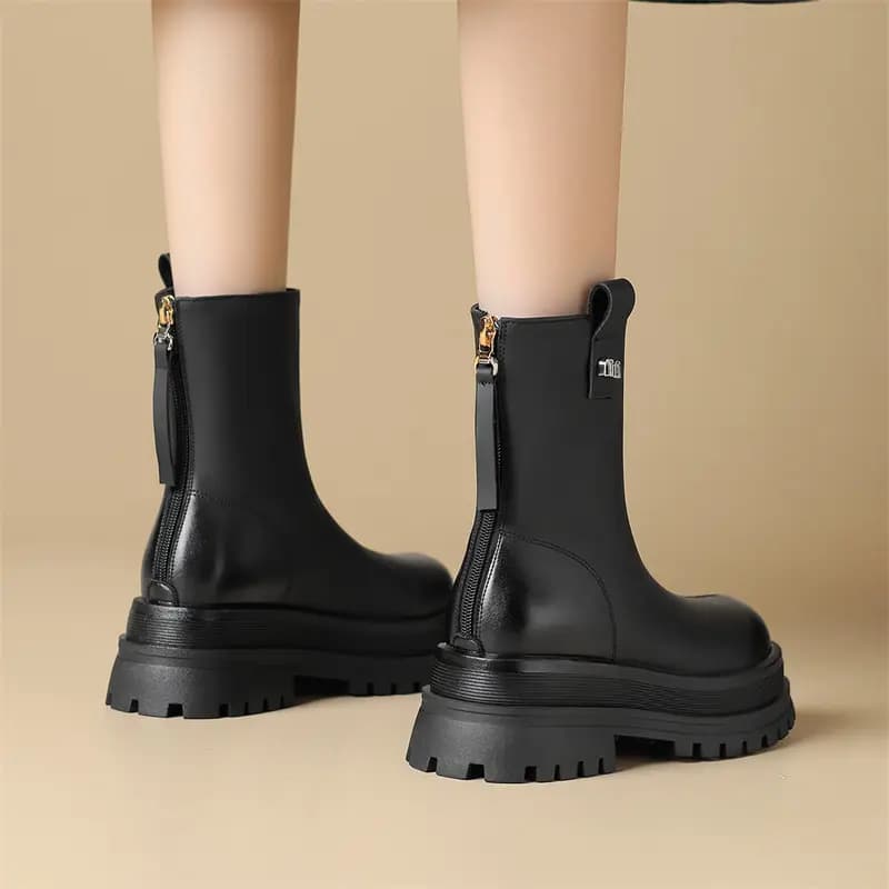 JOSINY Winter Fleece-Lined Warm Retro Round Toe British Style Thick Sole Petite Heightening Short Boots Women's 2